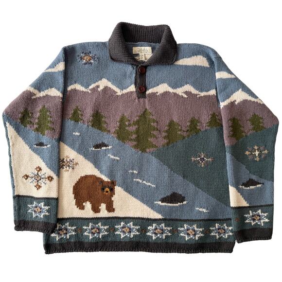 Vintage Cabelas Merino Wool Knit Sweater L/XL Nature Bear Forest AOP Pullover